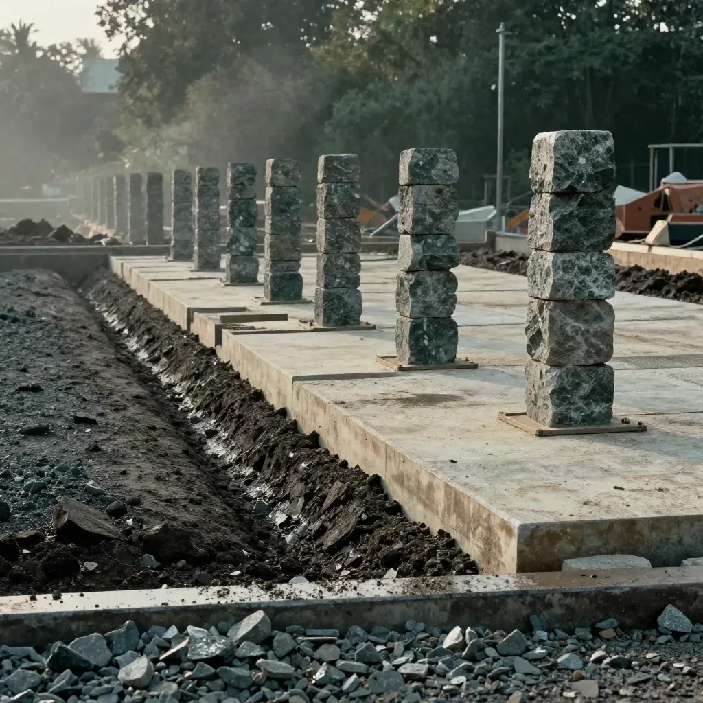 Wet geotechnical site with stone columns, compacted fill, drainage trench and misty backlight.