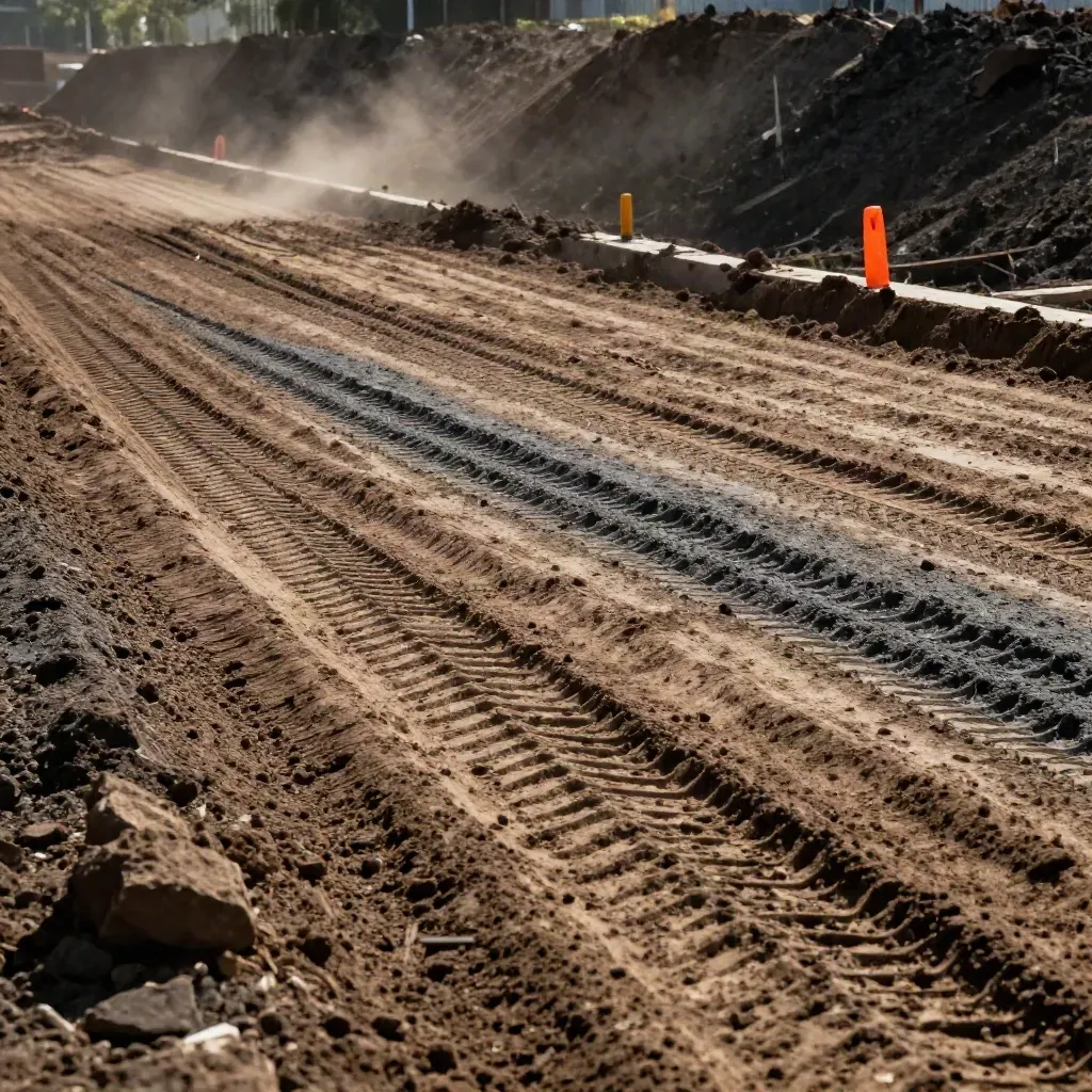 Proofrolled subgrade with tire marks, trimmed shoulders, and drifting dust on a construction pad
