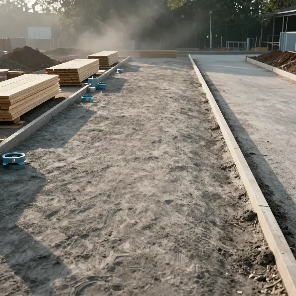 Build-ready retail pad with compacted subgrade, drainage edges, and staged slab forms in dusty morning light.