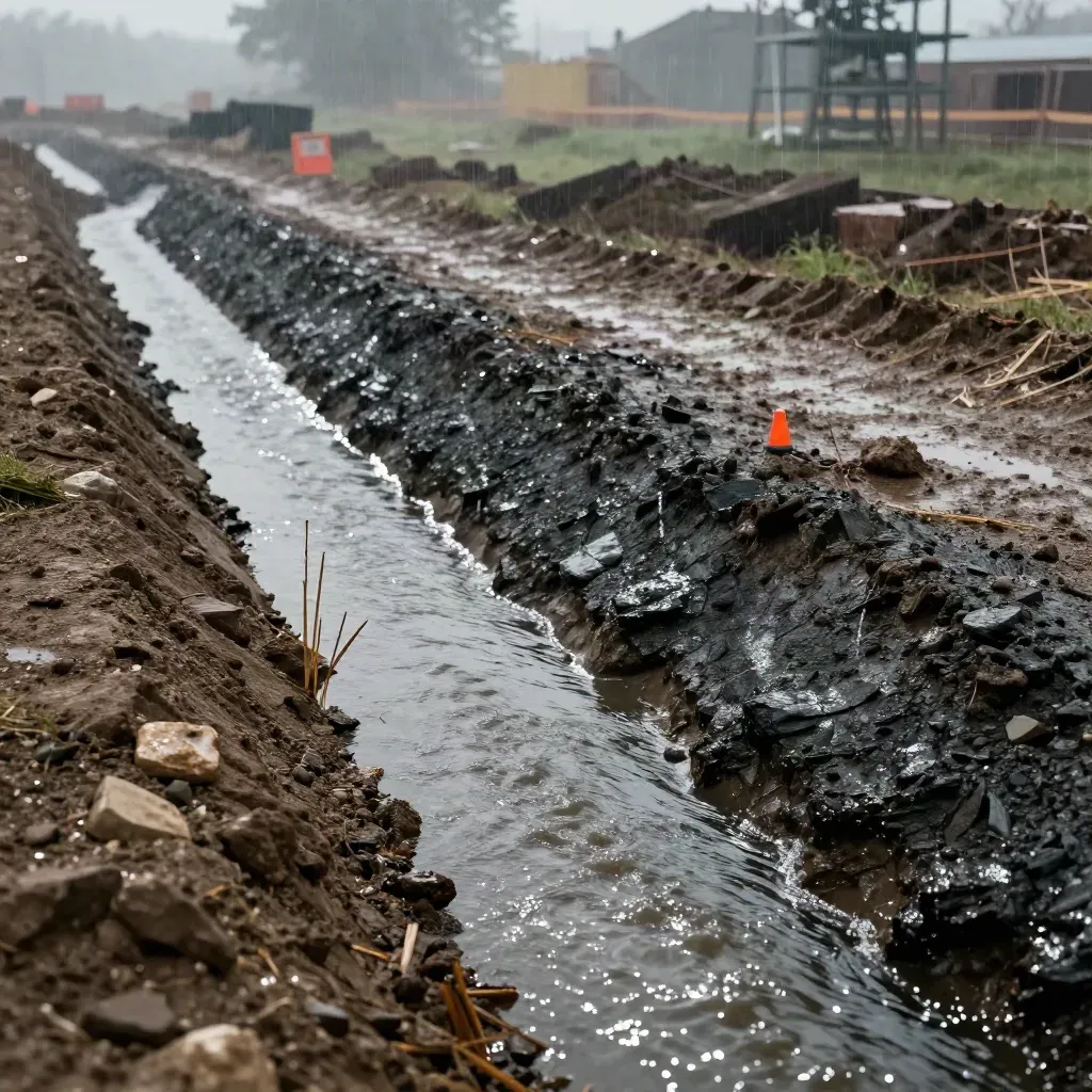 Wet drainage channel feeding a swale beside a firm graded pad after rain, with misty construction site light.