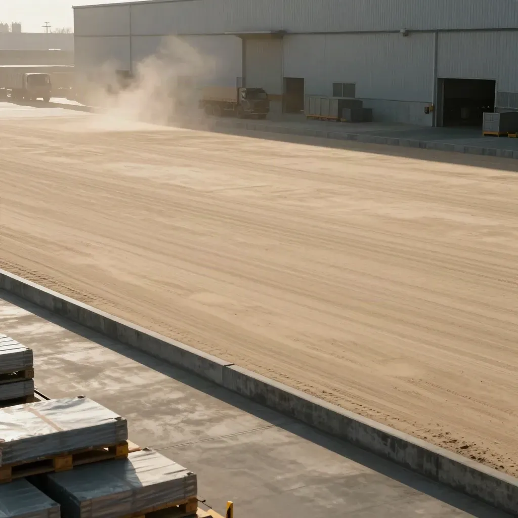 Strengthened warehouse pad with clean wheel paths, settling dust, and load-ready edges