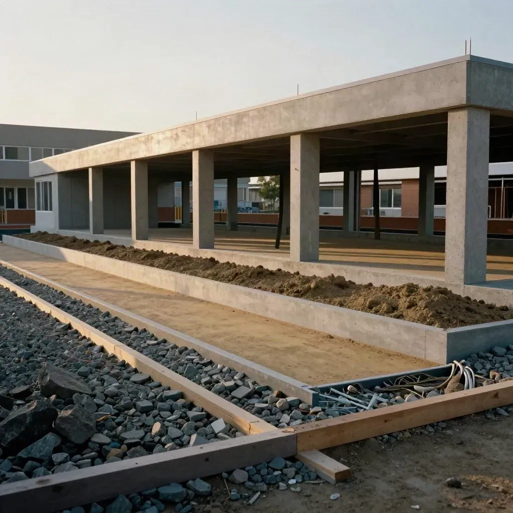 School expansion wing resting on reinforced slab support with compacted fill and neat formwork.