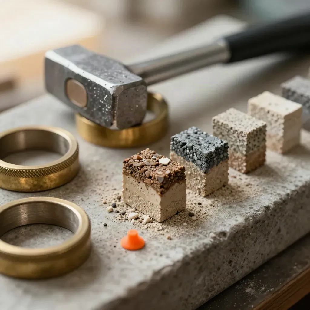 Macro of geotechnical tools and soil cores on a travertine-lined bench with brass sieve rings