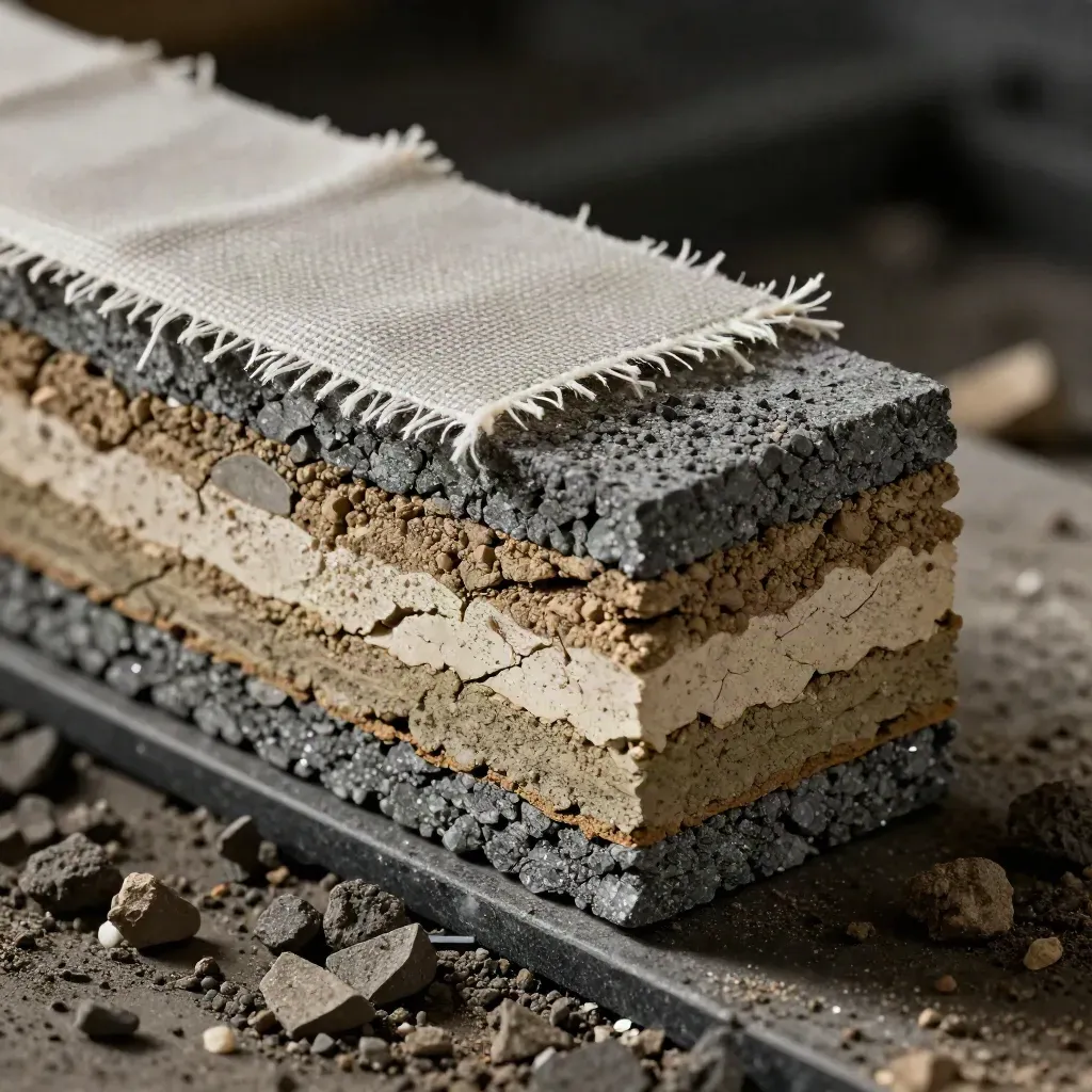 Geotextile, compacted aggregate, and soil cores in a dramatic ground-improvement cross-section.