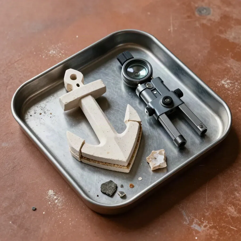 Overhead still life of bore cores, a geological field tool, and stone fragments on a brushed-metal tray.