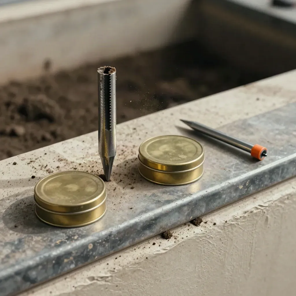 Sampler, brass tins and field probe on a metal ledge with soil residue