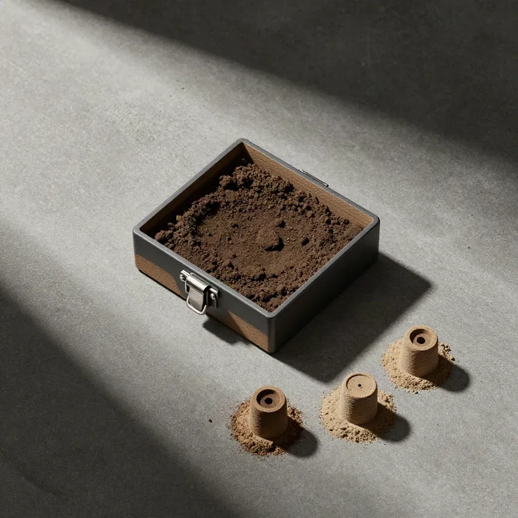 Overhead flatlay of soil tray, core plugs, and closed field case on concrete