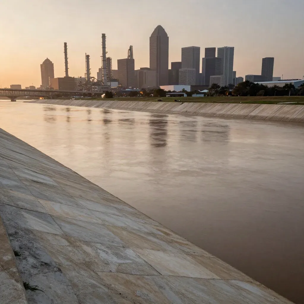 Houston skyline at warm dusk above a quiet floodplain with haze and open foreground