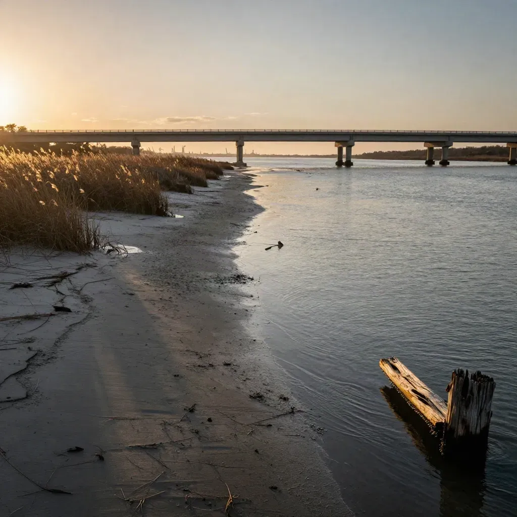 Gulf Coast Texas shoreline at sunset with bridge, marsh grass, and hazy industrial silhouettes