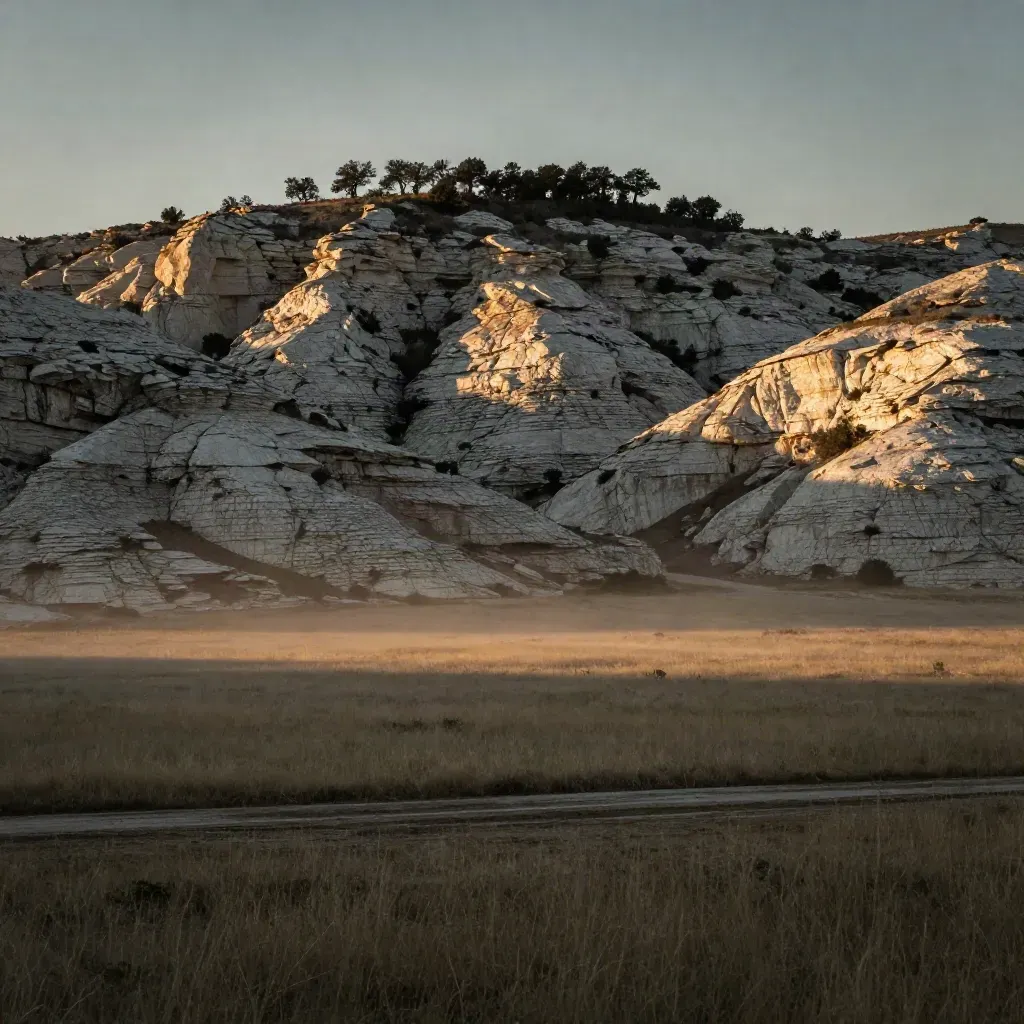 Central Texas limestone hills above a calm valley in warm haze.
