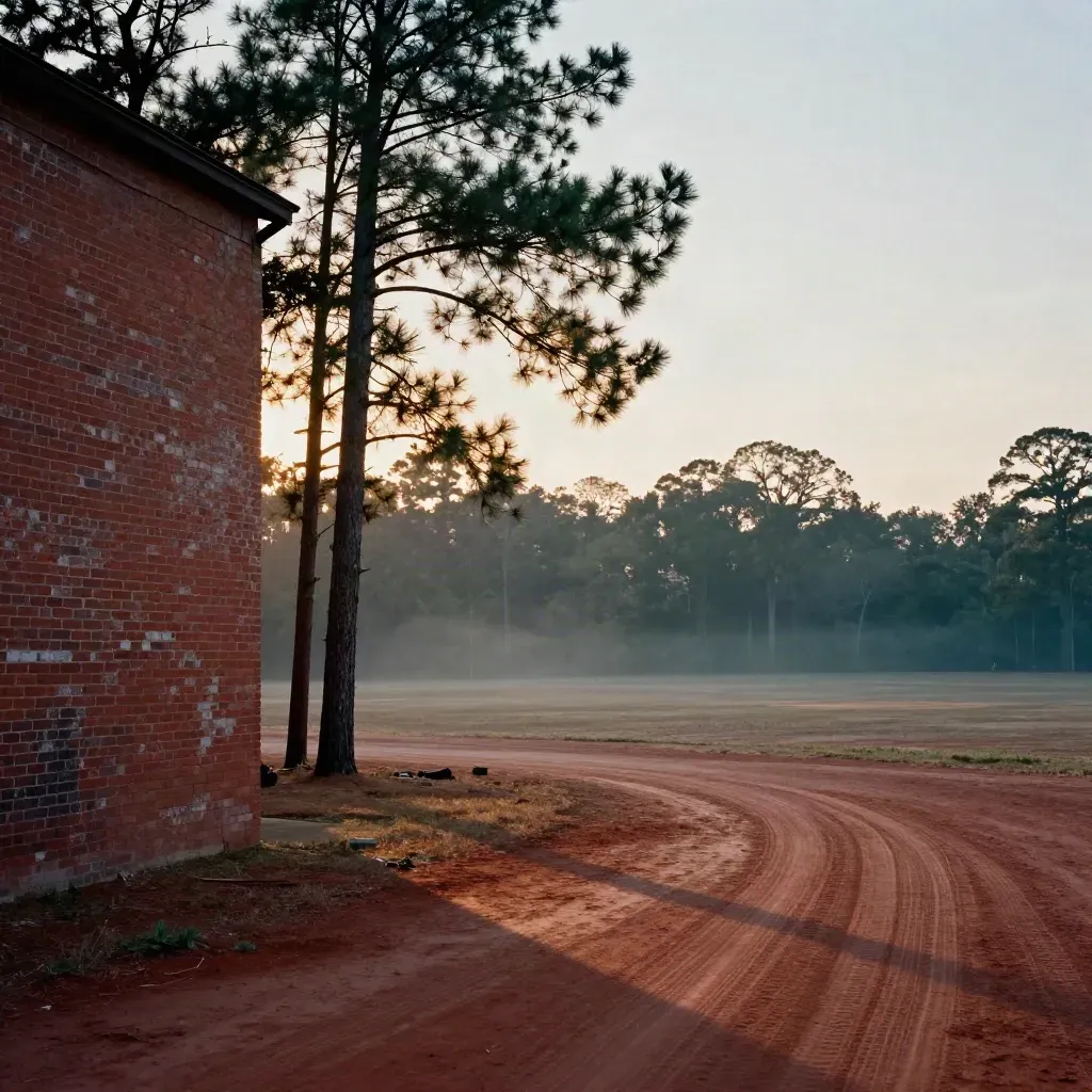 Hazy East Texas pine country with a weathered brick mill edge and red clay foreground